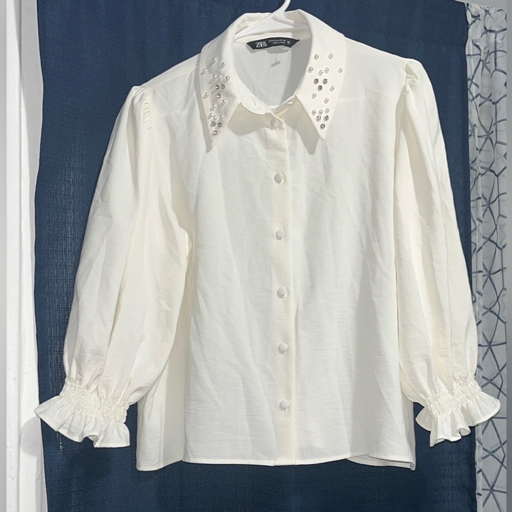 Zara Cream Button Down Blouse with Peter Pan Collar